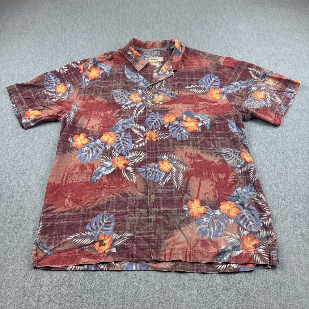 Tommy Bahama Shirt Mens‎ Large Red 100% Silk Hawaiian Original Fit Loop Collar